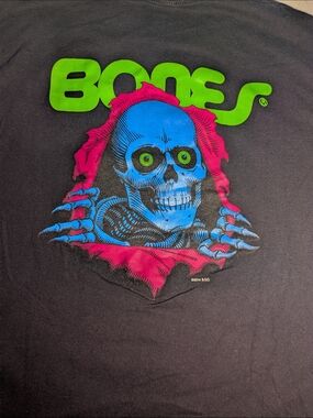 Powell Peralta Bones Brigade Black Cropped Tee with Neon Blue Logo Print